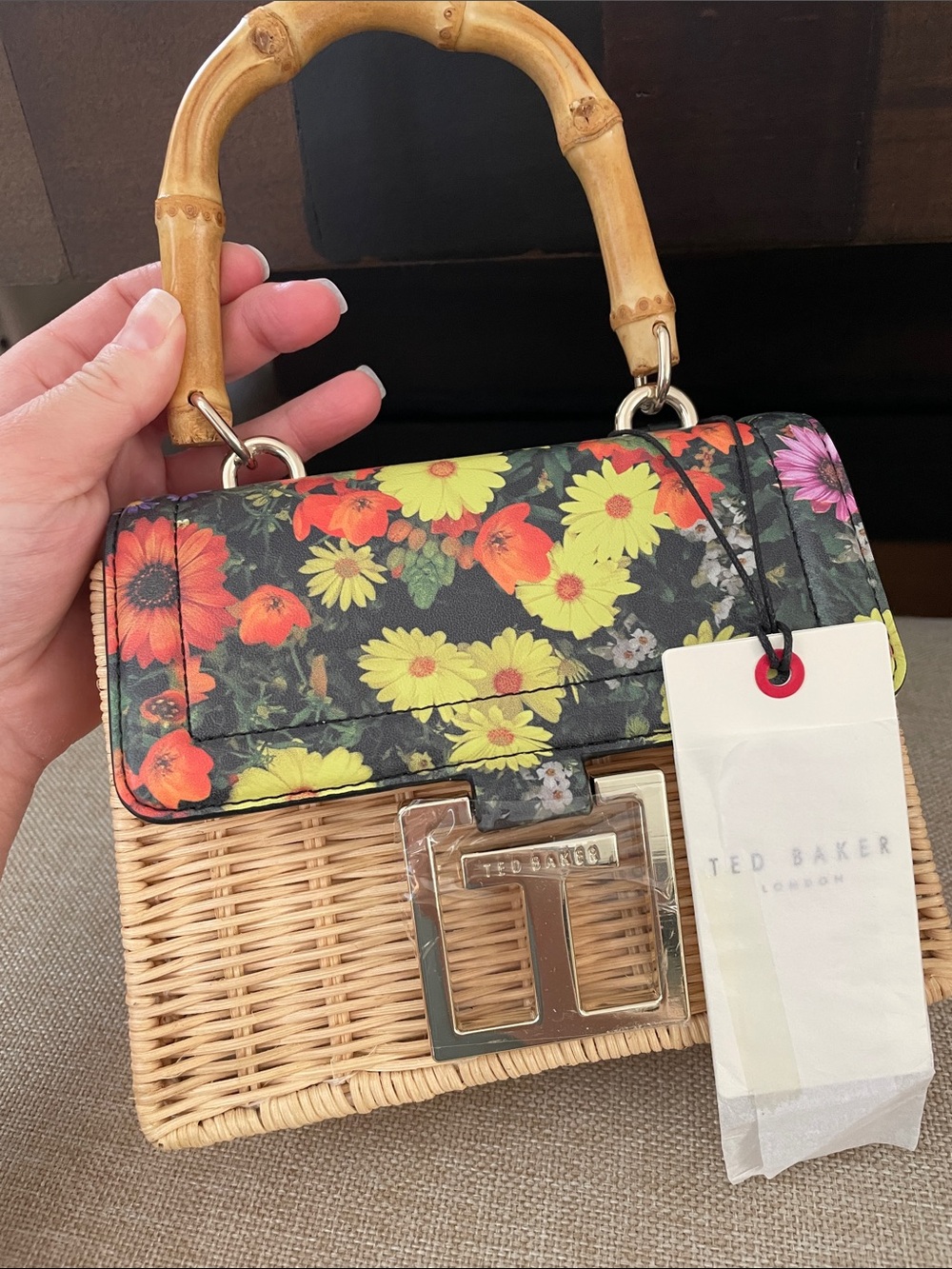 Ted Baker Black Floral Top-Handle Mini Bag with Natural Wicker